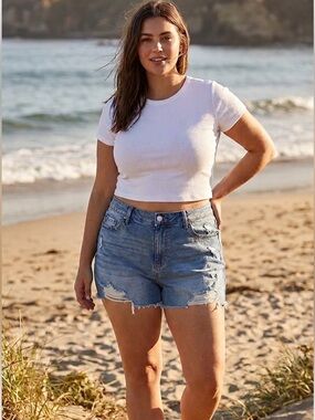 NWOT Torrid High Rise Relaxed 3.5” Light Blue Distressed Stretch Jean Shorts LG